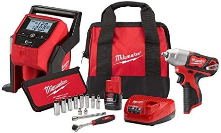 Milwaukee M12 12-Volt Lithium-Ion Cordless 3/8 in. Impact Wrench and Inflator Combo Kit with 3/8 in. Drive Metric Socket Set