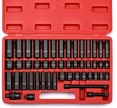 CASOMAN 3/8″ Drive Impact Socket Set, 48 Piece Standard SAE and Metric Sizes (5/16-Inch to 3/4-Inch and 8-22 mm), 6 Point, Cr-V Steel Socket Set