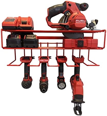 c2M Heavy Duty Floating Tool Shelf & Organizer | Wall Mounted Garage Storage Rack for Handheld & Power Tools | USA Made, 100# Weight Limit, Compact Steel Design | Perfect for Milwaukee Tools | Red