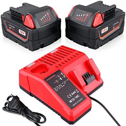 Masione 2Pack 5.0Ah Replacement for Milwaukee M18 Battery Charger Combo Compatible with Milwaukee Batteries 48-11-1852 48-59-1850 48-11-1850
