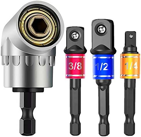 CIGOTU Impact Grade Power Hand Tools Driver Sockets Adapter Extension Set, 3Pcs 1/4 3/8 1/2″ Hex Shank Drill Nut Driver Bit Set + 105 Degree Right Angle Driver Extension Screwdriver Drill Attachment