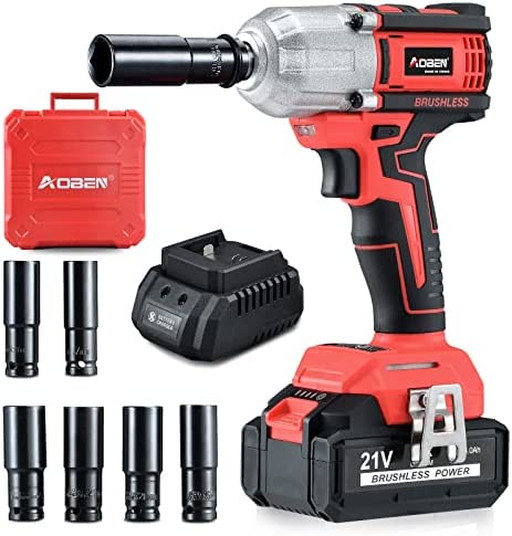 AOBEN 21V Cordless High Torque Impact Wrench 1/2 inch, Powerful Brushless Motor with Max Torque 450 ft-lb (600N.m), 4.0Ah Battery, 6 PCS Sockets (17-22mm), Fast Charger and Tool Box