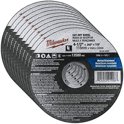 Milwaukee 10 Pack – 4 1 2 Cutting Wheels For Grinders – Aggressive Cutting For Metal & Stainless Steel – 4-1/2″ x .045 x 7/8-Inch | Flat Cut Off Wheels