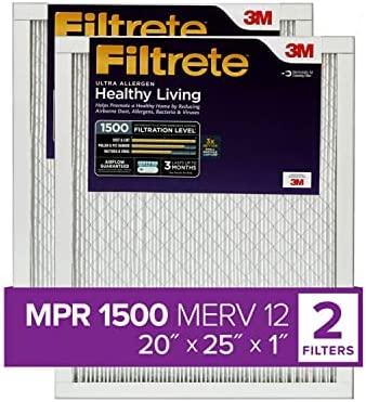 Filtrete 20x25x1, AC Furnace Air Filter, MPR 1500, Healthy Living Ultra Allergen, 2-Pack (exact dimensions 19.719 x 24.688 x 0.78)