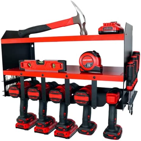 Power Tool Organizer Wall Mount – Durable 3 Layer Tool Storage for Cordless Power Drills – Power Coated Steel Utility Shelf w/ Drill Bit & Screw Organizer – Garage Shelves for Tool Organization – Red