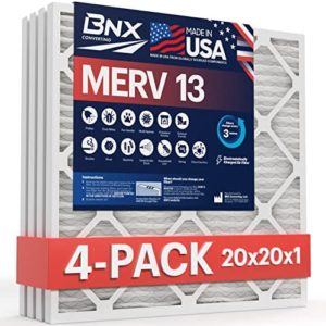 BNX 20x20x1 MERV 13 AC Furnace Air Filter 4 Pack - MADE IN USA - Electrostatic Pleated Air Conditioner HVAC AC Furnace Filters - Removes Pollen, Mold, Bacteria, Smoke