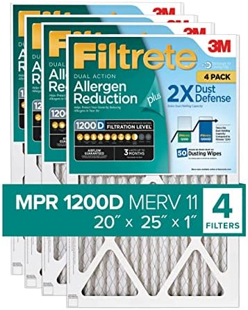 Filtrete 20x25x1 Air Filter MPR 1200D MERV 11, Allergen Reduction Plus Dust, 4-Pack Filters (exact dimensions 19.81x24.81x0.81)