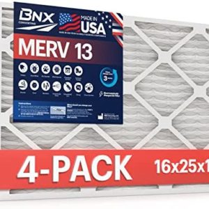 BNX 16x25x1 MERV 13 AC Furnace Air Filter 4 Pack - MADE IN USA - Electrostatic Pleated Air Conditioner HVAC AC Furnace Filters - Removes Pollen, Mold, Bacteria, Smoke