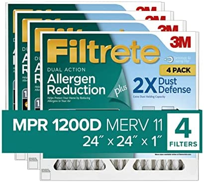 Filtrete 24x24x1 Air Filter, Allergen Reduction Plus Dust, 4-Pack Furnace Filters (exact dimensions 23.81x23.81x0.81)