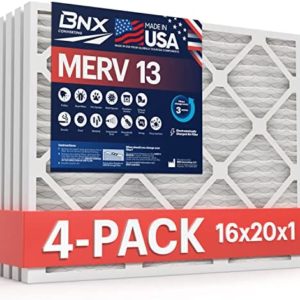 BNX 16x20x1 MERV 13 AC Furance Air Filter 4 Pack - MADE IN USA - Electrostatic Pleated Air Conditioner HVAC AC Furnace Filters - Removes Pollen, Mold, Bacteria, Smoke