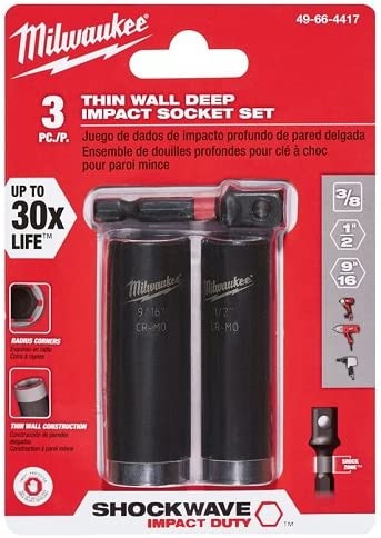 Milwaukee Genuine OEM 49-66-4417 3 Piece Thin Wall Deep Impact Socket Set w/ Radius Corners and Hex Socket Adaptor (Driver Not Included)