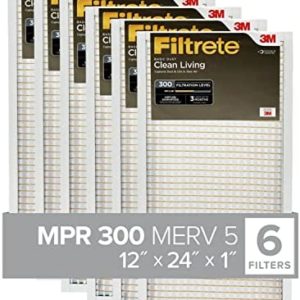 Filtrete 12x24x1, AC Furnace Air Filter, MPR 300, Clean Living Basic Dust, 6-Pack (exact dimensions 11.69 x 23.69 x 0.81)