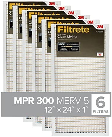 Filtrete 12x24x1, AC Furnace Air Filter, MPR 300, Clean Living Basic Dust, 6-Pack (exact dimensions 11.69 x 23.69 x 0.81)