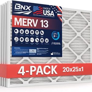 BNX 20x25x1 MERV 13 Air Filter 4 Pack - MADE IN USA - Electrostatic Pleated Air Conditioner HVAC AC Furnace Filters - Removes Pollen, Mold, Bacteria, Smoke