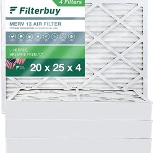 Filterbuy 20x25x4 Air Filter MERV 13 Optimal Defense (4-Pack), Pleated HVAC AC Furnace Air Filters Replacement (Actual Size: 19.38 x 24.38 x 3.63 Inches)