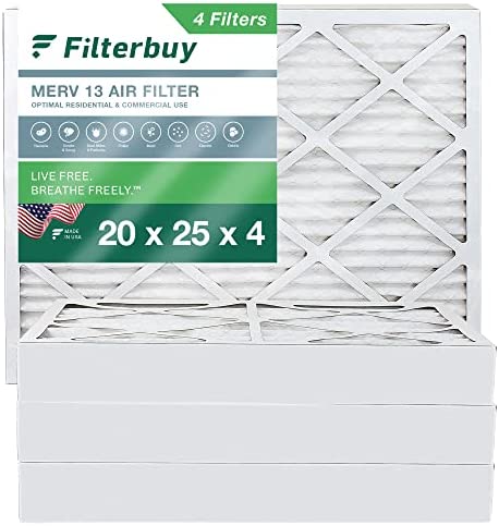 Filterbuy 20x25x4 Air Filter MERV 13 Optimal Defense (4-Pack), Pleated HVAC AC Furnace Air Filters Replacement (Actual Size: 19.38 x 24.38 x 3.63 Inches)
