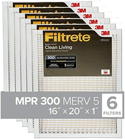 Filtrete 16x20x1, AC Furnace Air Filter, MPR 300, Clean Living Basic Dust, 6-Pack (exact dimensions 15.69 x 19.69 x 0.81)
