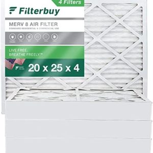 Filterbuy 20x25x4 Air Filter MERV 8 Dust Defense (4-Pack), Pleated HVAC AC Furnace Air Filters Replacement (Actual Size: 19.38 x 24.38 x 3.63 Inches)