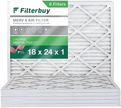 Filterbuy 18x24x1 Air Filter MERV 8 Dust Defense (6-Pack), Pleated HVAC AC Furnace Air Filters Replacement (Actual Size: 17.38 x 23.38 x 0.75 Inches)