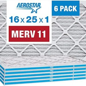 Aerostar 16x25x1 Air Filter, MERV 11, Pleated AC Furnace Filter, 6 Pack (Actual Size: 15 3/4"x 24 3/4" x 3/4")