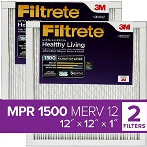Filtrete 12x12x1, AC Furnace Air Filter, MPR 1500, Healthy Living Ultra Allergen, 2-Pack (exact dimensions 11.81 x 11.81 x 0.78)
