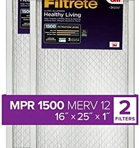 Filtrete 16x25x1 Air Filter MPR 1500 MERV 12, Healthy Living Ultra Allergen, 2-Pack (exact dimensions 15.69 x 24.69 x 0.78)