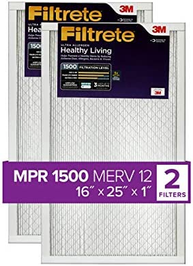 Filtrete 16x25x1 Air Filter MPR 1500 MERV 12, Healthy Living Ultra Allergen, 2-Pack (exact dimensions 15.69 x 24.69 x 0.78)
