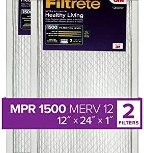 Filtrete 12x24x1 Air Filter MPR 1500 MERV 12, Healthy Living Ultra Allergen, 2-Pack (exact dimensions 11.69x23.69x0.78)