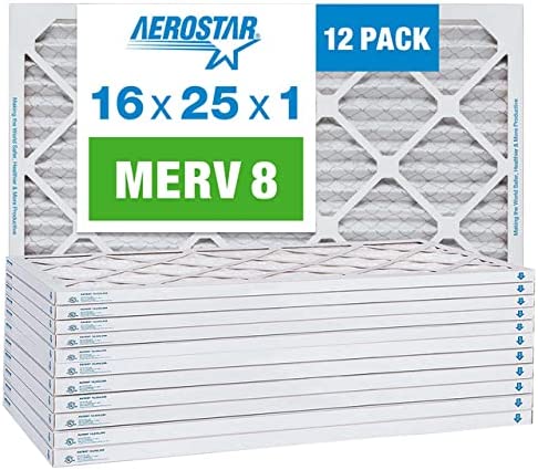 Aerostar 16x25x1 MERV 8 Pleated Air Filter, AC Furnace Air Filter, 12 Pack (Actual Size: 15 3/4" x 24 3/4" x 3/4")