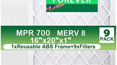 UBeesize Reusable Air Filter 16x20x1(9-Pack), MERV 8 MPR 700 AC/HVAC Furnace Air Filters,Deep Pleated Air Cleaner,1x Reusable Plastic Frame+9 x Filter Replacements,Breathe Fresher Home And Office