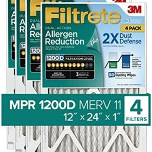 Filtrete 12x24x1 Air Filter MPR 1200D MERV 11, Allergen Reduction Plus Dust, 4-Pack Filters (exact dimensions 11.81x23.81x0.81)