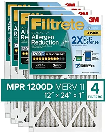 Filtrete 12x24x1 Air Filter MPR 1200D MERV 11, Allergen Reduction Plus Dust, 4-Pack Filters (exact dimensions 11.81x23.81x0.81)