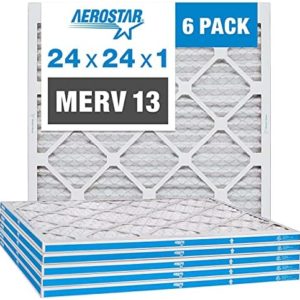 Aerostar 24x24x1 MERV 13 Pleated Air Filter, AC Furnace Air Filter, 6 Pack (Actual Size: 23 3/4" x 23 3/4" x 3/4")