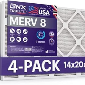 BNX 14x20x1 MERV 8 Air Filter 4 Pack - MADE IN USA - Electrostatic Pleated Air Conditioner HVAC AC Furnace Filters - Removes Dust, Mold, Pollen, Lint