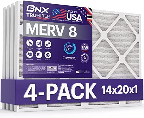 BNX 14x20x1 MERV 8 Air Filter 4 Pack - MADE IN USA - Electrostatic Pleated Air Conditioner HVAC AC Furnace Filters - Removes Dust, Mold, Pollen, Lint