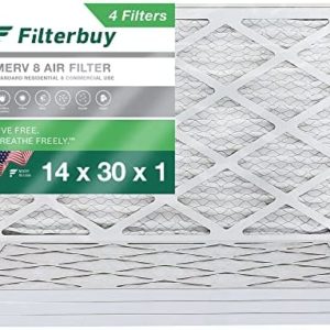 Filterbuy 14x30x1 Air Filter MERV 8 Dust Defense (4-Pack), Pleated HVAC AC Furnace Air Filters Replacement (Actual Size: 13.69 x 29.69 x 0.75 Inches)