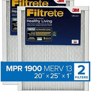 Filtrete 20x25x1 Air Filter MPR 1900 MERV 13, Healthy Living Ultimate Allergen, 2-Pack (exact dimensions 19.69x24.69x0.78)