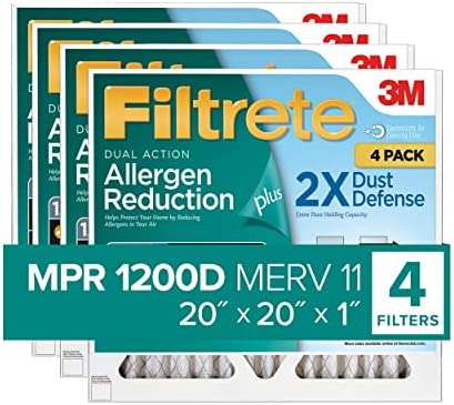 Filtrete 20x20x1 Air Filter MPR 1200D MERV 11, Allergen Reduction Plus Dust, 4-Pack Filters (exact dimensions 19.81x19.81x0.81)