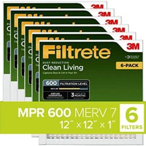 Filtrete 12x12x1, AC Furnace Air Filter, MPR 600, Clean Living Dust Reduction, 6-Pack (exact dimensions 11.81 x 11.81 x 0.81)