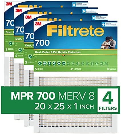 Filtrete 20x25x1 Air Filter MPR 700 MERV 8, Dust, Pollen, & Pet Dander, 4-Pack (exact dimensions 19.88x25.56x0.78)