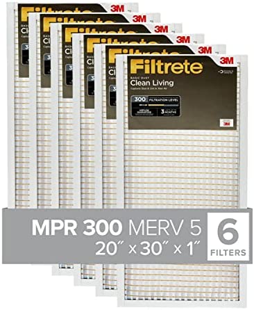 Filtrete 20x30x1, AC Furnace Air Filter, MPR 300, Clean Living Basic Dust, 6-Pack (exact dimensions 19.81 x 29.81 x 0.81)