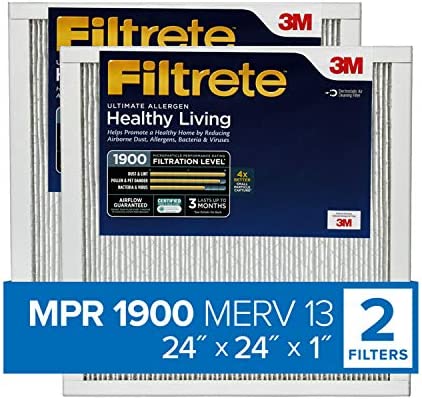 Filtrete 24x24x1, AC Furnace Air Filter, MPR 1900, Healthy Living Ultimate Allergen, 2-Pack (exact dimensions 23.81 x 23.81 x 0.78)