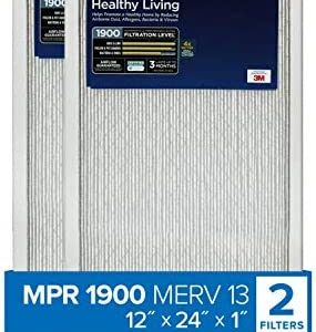 Filtrete 12x24x1 Air Filter MPR 1900 MERV 13, Healthy Living Ultimate Allergen, 2-Pack (exact dimensions 11.69x23.69x0.78)