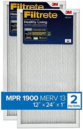 Filtrete 12x24x1 Air Filter MPR 1900 MERV 13, Healthy Living Ultimate Allergen, 2-Pack (exact dimensions 11.69x23.69x0.78)