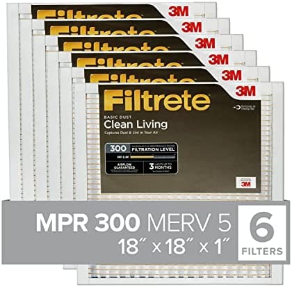 Filtrete 18x18x1 Air Filter MPR 300 MERV 5, Clean Living Basic Dust, 6-Pack (exact dimensions 17.81x17.81x0.81)
