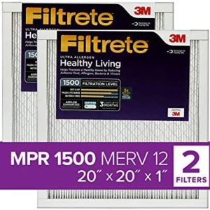 Filtrete 20x20x1 Air Filter MPR 1500 MERV 12, Healthy Living Ultra Allergen, 2-Pack (exact dimensions 19.69 x 19.69 x 0.78)