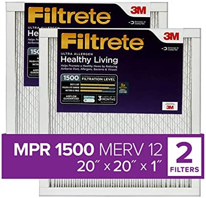 Filtrete 20x20x1 Air Filter MPR 1500 MERV 12, Healthy Living Ultra Allergen, 2-Pack (exact dimensions 19.69 x 19.69 x 0.78)