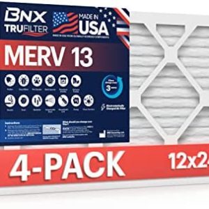 BNX TruFilter 14x24x1 MERV 13 (4-Pack) AC Furnace Air Filter - MADE IN USA - Electrostatic Pleated Air Conditioner HVAC AC Furnace Filters - Removes Pollen, Mold, Bacteria, Smoke (Actual Size: 11 3/4’’ x 23 3/4’’ x 3/4‘’)