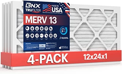 BNX TruFilter 14x24x1 MERV 13 (4-Pack) AC Furnace Air Filter - MADE IN USA - Electrostatic Pleated Air Conditioner HVAC AC Furnace Filters - Removes Pollen, Mold, Bacteria, Smoke (Actual Size: 11 3/4’’ x 23 3/4’’ x 3/4‘’)