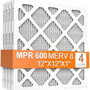 Anycore 12x12x1 AC Furnace Air Filter, MPR 600, MERV 8 Pleated HVAC AC Filter, 4 Pack (exact dimensions 11.81x11.81x0.79 inch)